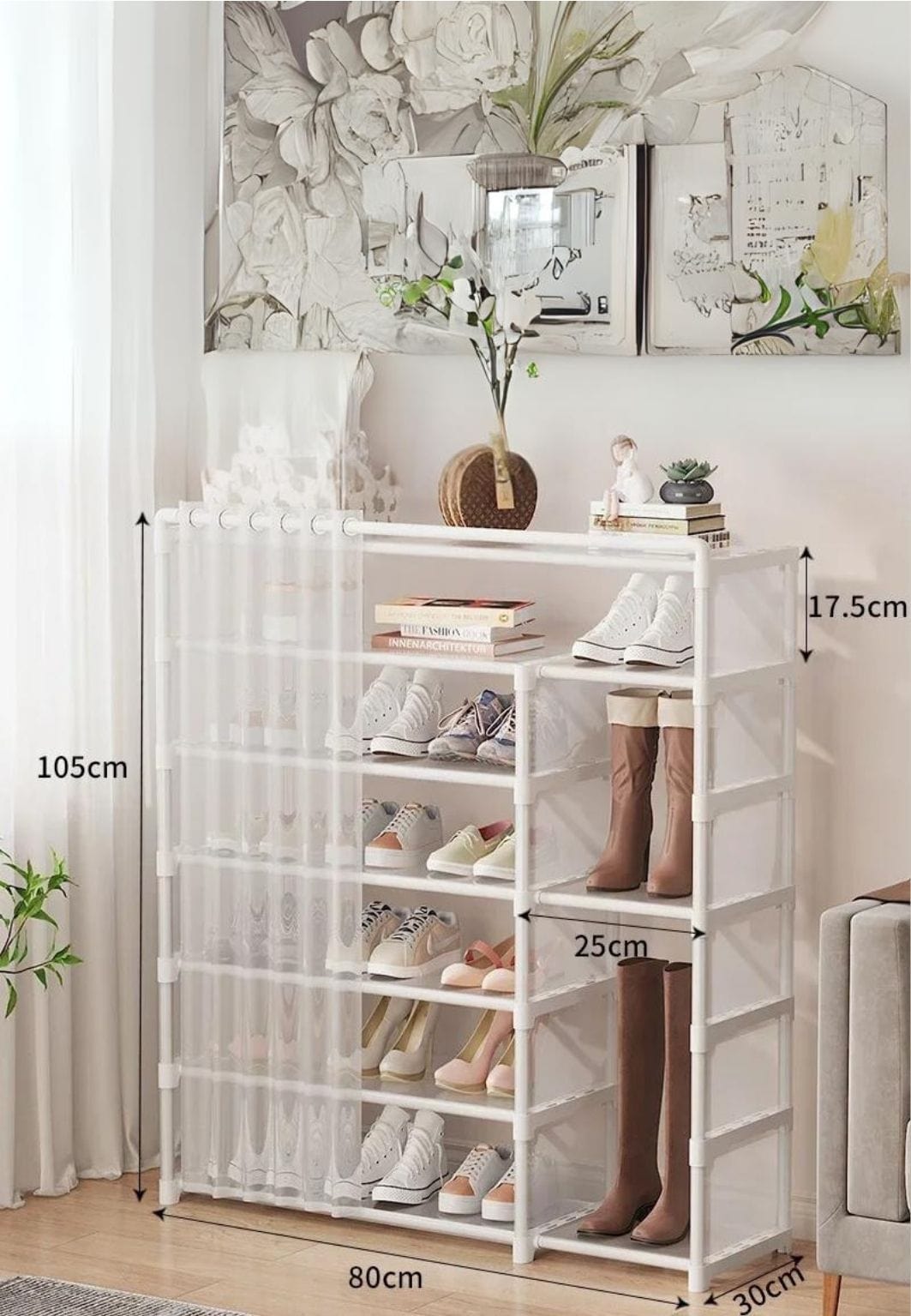 Meuble porte manteau chaussure à cases et rideaux Blanc