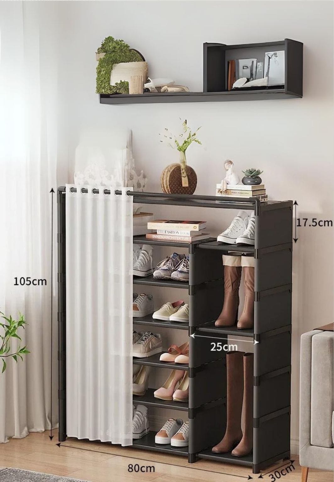 Meuble porte manteau chaussure à cases et rideaux Noir