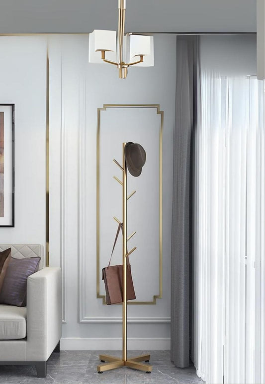 Porte manteau sur pied design arbre doré sur base croisée